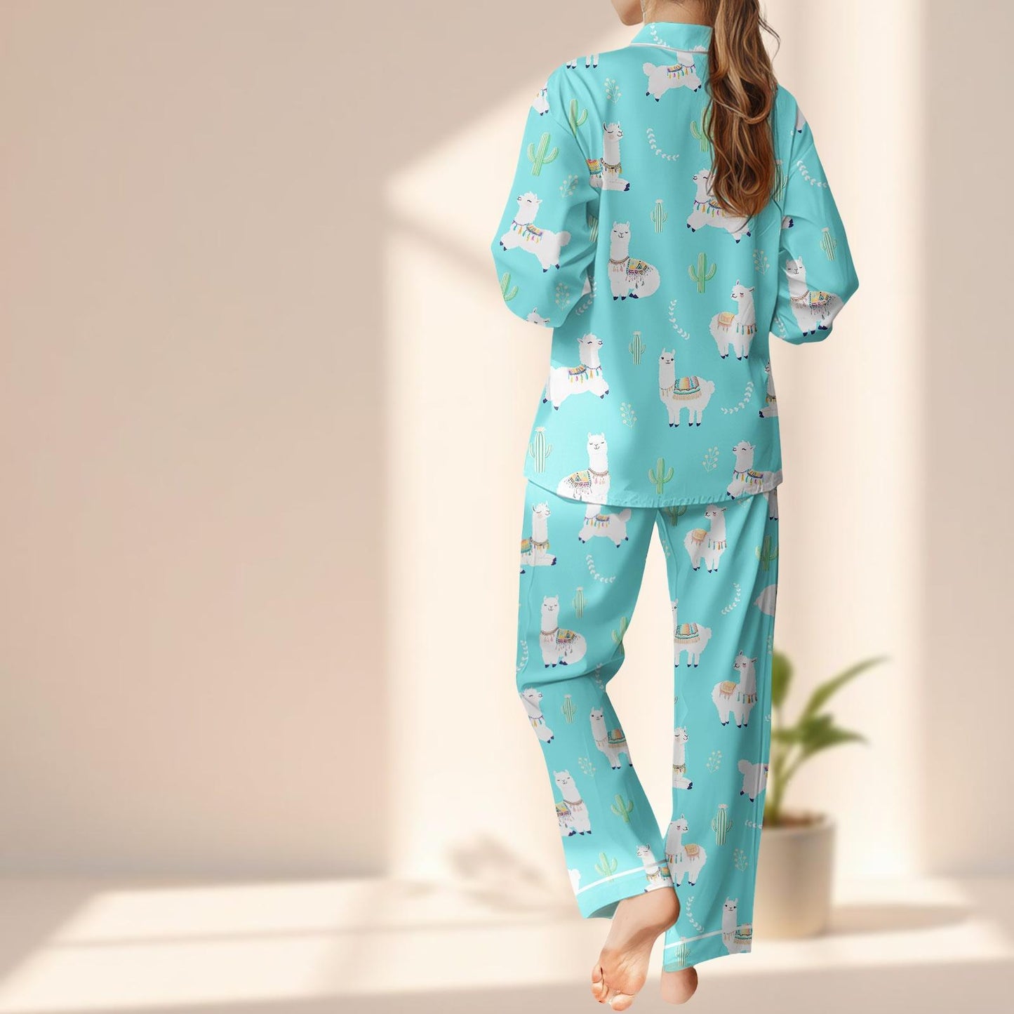 Cute Llama Satin Pajamas Set, Funny Alpaca Women Sleepwear, Turquoise Button Up Pjs, Cozy Animal Matching Pajamas Set, Gift For Her