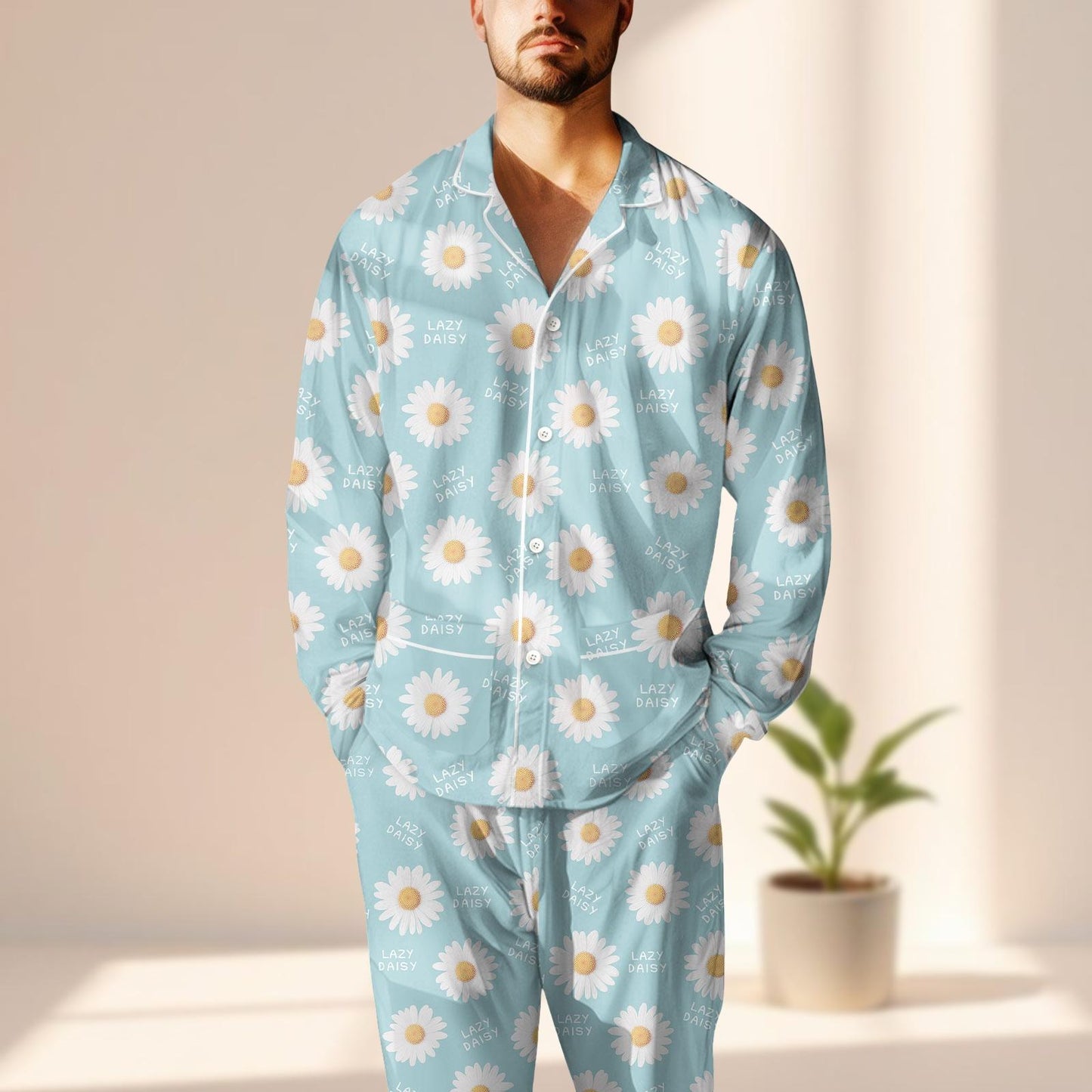 Lazy Daisy Satin Pajamas Set, Cute Floral Sleepwear With Daisies, Light Blue Button Up Pjs, Cozy Spring Loungewear, Gift For Her