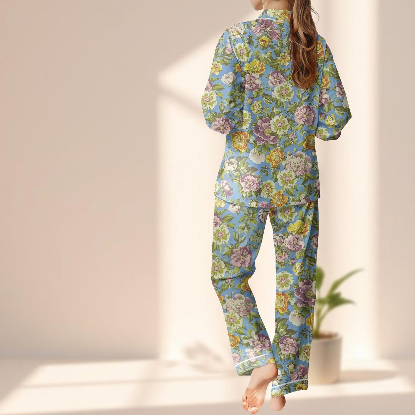 Vintage Floral Satin Pajamas Set, Romantic Garden Sleepwear, Soft Blue Button Up Pjs, Cozy Elegant Loungewear, Birthday Gift For Her