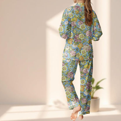 Vintage Floral Satin Pajamas Set, Romantic Garden Sleepwear, Soft Blue Button Up Pjs, Cozy Elegant Loungewear, Birthday Gift For Her
