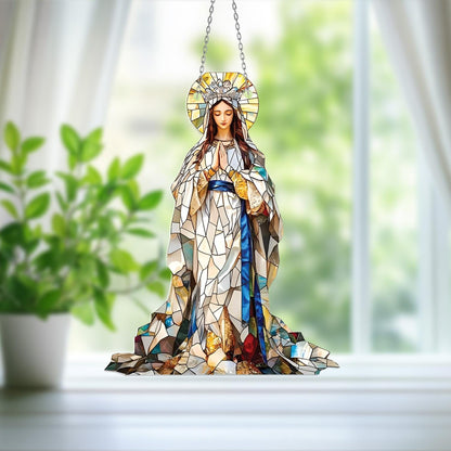 Crowned Virgin Mary Window Hanging – Elegant Marian Decor in White Robe with Blue Sash for Catholic Home, Chapel or Spiritual Faith Gift