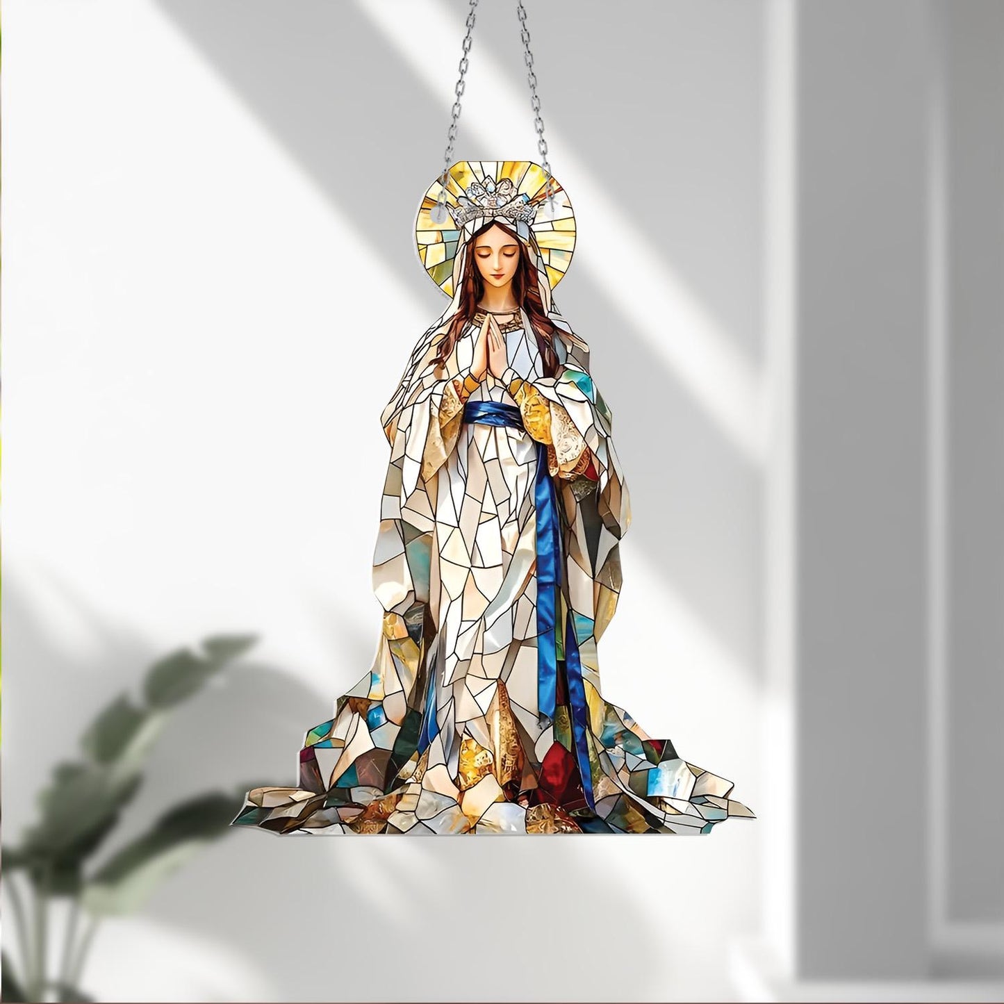Crowned Virgin Mary Window Hanging – Elegant Marian Decor in White Robe with Blue Sash for Catholic Home, Chapel or Spiritual Faith Gift