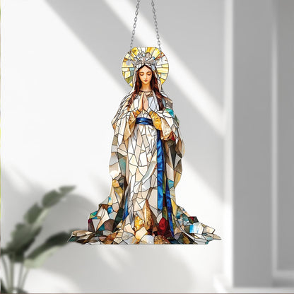 Crowned Virgin Mary Window Hanging – Elegant Marian Decor in White Robe with Blue Sash for Catholic Home, Chapel or Spiritual Faith Gift