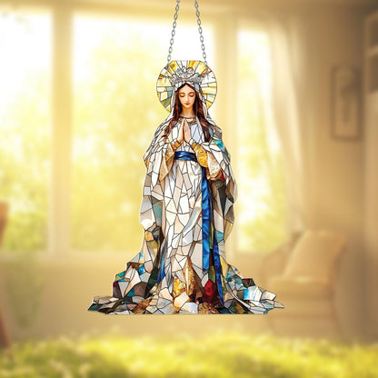 Crowned Virgin Mary Window Hanging – Elegant Marian Decor in White Robe with Blue Sash for Catholic Home, Chapel or Spiritual Faith Gift