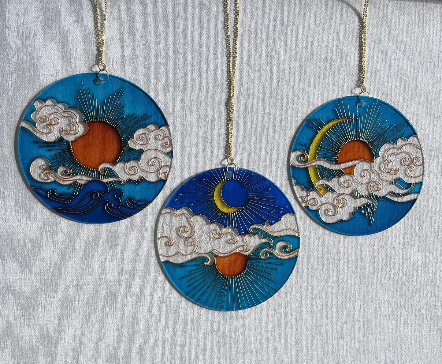 Set of 3 Stained glass Suncatchers Sun Moon Cloud Window decor Painting on acrylic