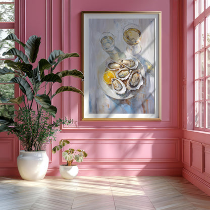 Oysters with Lemon and White Wine Bar Cart Art Print | Cute Quirky Whimsical | Cocktail Art Bar Cart Decor | Trendy Home Wall Art Gift