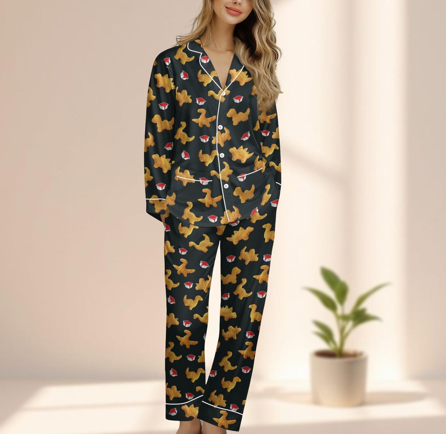 Dino Nugget Satin Pajama Set, Funny Chicken Nugget Sleepwear, Cute Dinosaur Loungewear, Cozy Foodie Matching Pajamas Set, Funny Gift