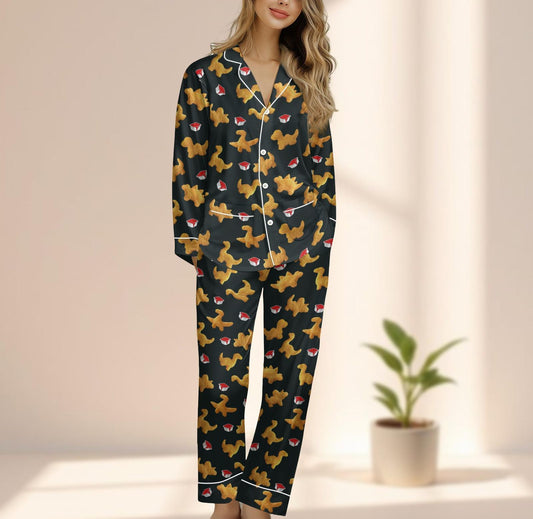 Dino Nugget Satin Pajama Set, Funny Chicken Nugget Sleepwear, Cute Dinosaur Loungewear, Cozy Foodie Matching Pajamas Set, Funny Gift