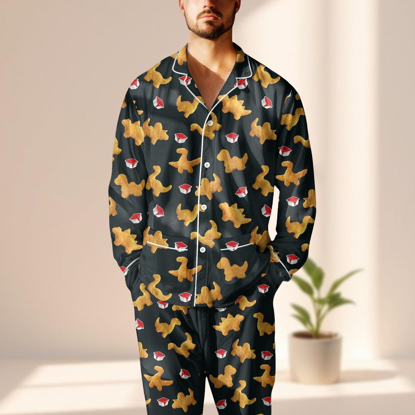 Dino Nugget Satin Pajama Set, Funny Chicken Nugget Sleepwear, Cute Dinosaur Loungewear, Cozy Foodie Matching Pajamas Set, Funny Gift