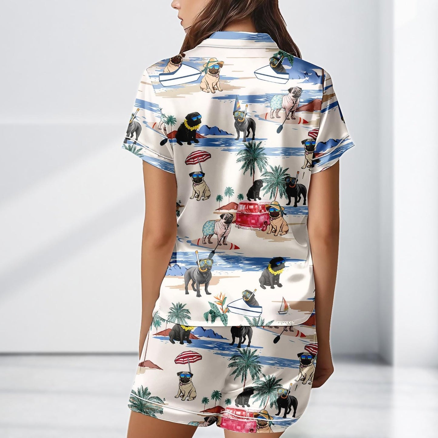 Pug Dog Summer Satin Pajamas, Beach Vacation Dog Print Sleepwear Set, Funny Pug Gift for Dog Lover, Pjs For Women