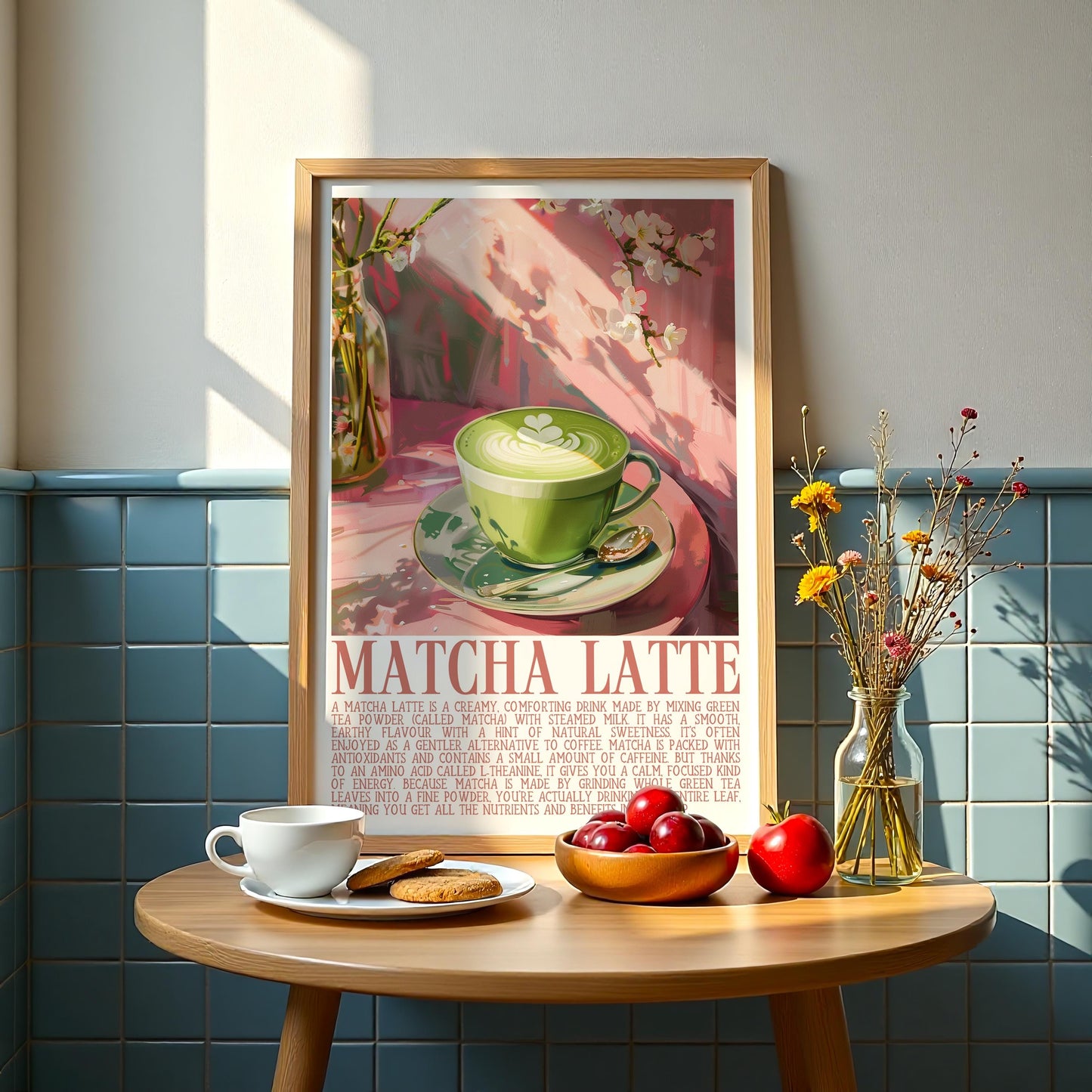 Matcha Latte Art Print, Green Tea Wall Decor, Calm Café Vibes Poster, Aesthetic Matcha Kitchen Print, Retro Whimsical Wellness Wall Art