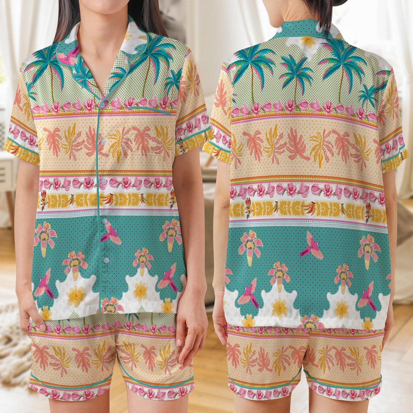 Tropical Pattern AOP Satin Short-Sleeve Pajamas Set, Summer Sleepwear for Women, Cute Loungewear Gift for Her