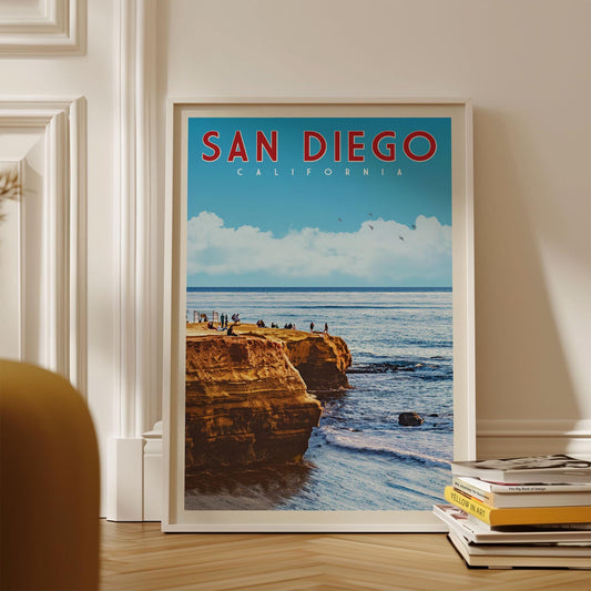 Sunny San Diego Print, Southern California Wall Art, Beach Sunset Cliffs, Retro Travel Art, Vintage Travel Poster, Gift for Travel Couple