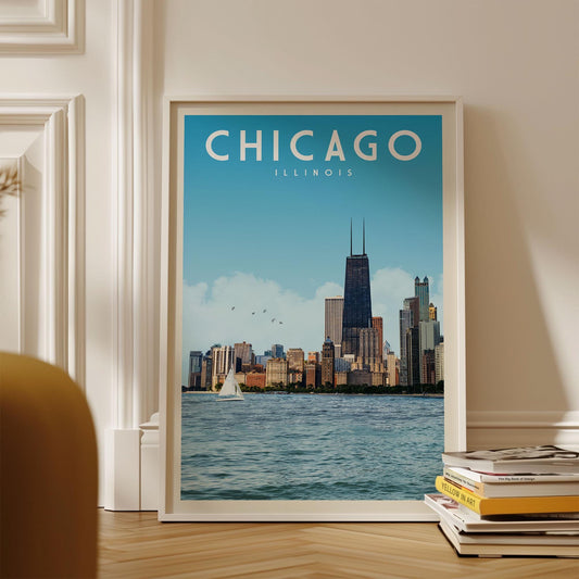Chicago Skyline Travel Poster Wall Art Print, Chicago Illinois Vintage Housewarming Travel Gift, Retro Chicago Neighborhood Home Decor