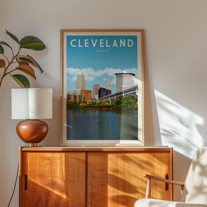 Cleveland Decor, Cleveland Travel Poster, Mid Century Ohio State Wall Art, Cleveland Skyline Print, Cleveland Digital Artwork