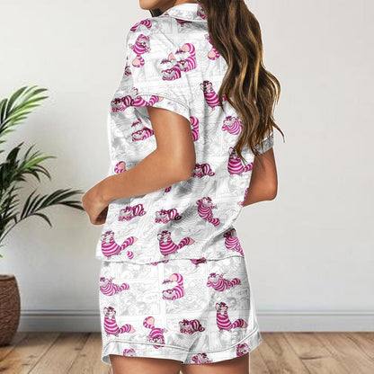 Cheshire Cat Comic Satin Pajamas Shorts, Alice in Wonderland Sleepwear, Funny Cartoon Satin PJs, Women's Lounge Set Gift