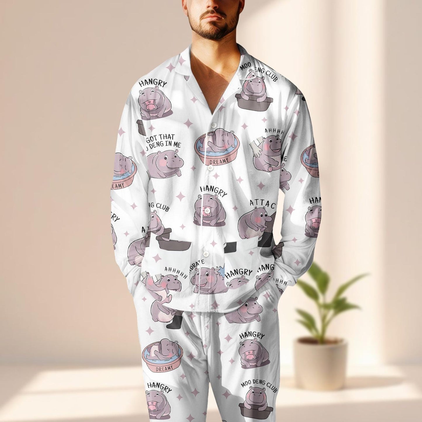 Moo Deng Satin Pajama Set, Hangry Hippo Club Sleepwear, Cute Animal Cartoon Pjs, Funny Cozy Matching Pj Set, Birthday Gift For Her