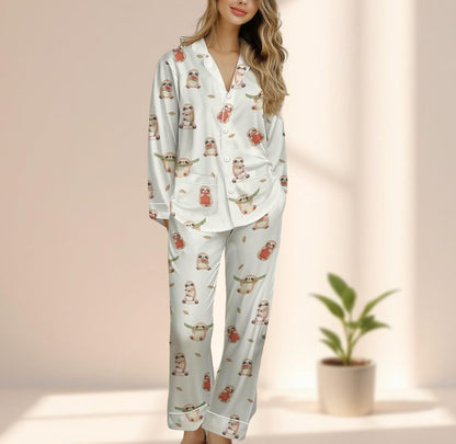 Sloth Satin Pajama Set, Animal Lovers Cozy Pj Set, Cute Kawaii Women Loungewear, Funny Long Pants Sleepwear, Birthday Gift For Her