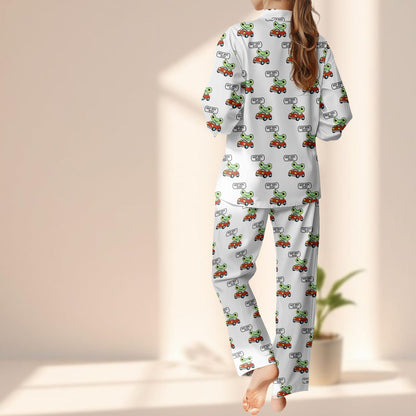 Frog Car Satin Pajama Set, Beep Beep Women Sleepwear, Cute Kawaii Cartoon Pjs, Whimsical Animal Pj Set, Cozy Loungewear, Funny Gift