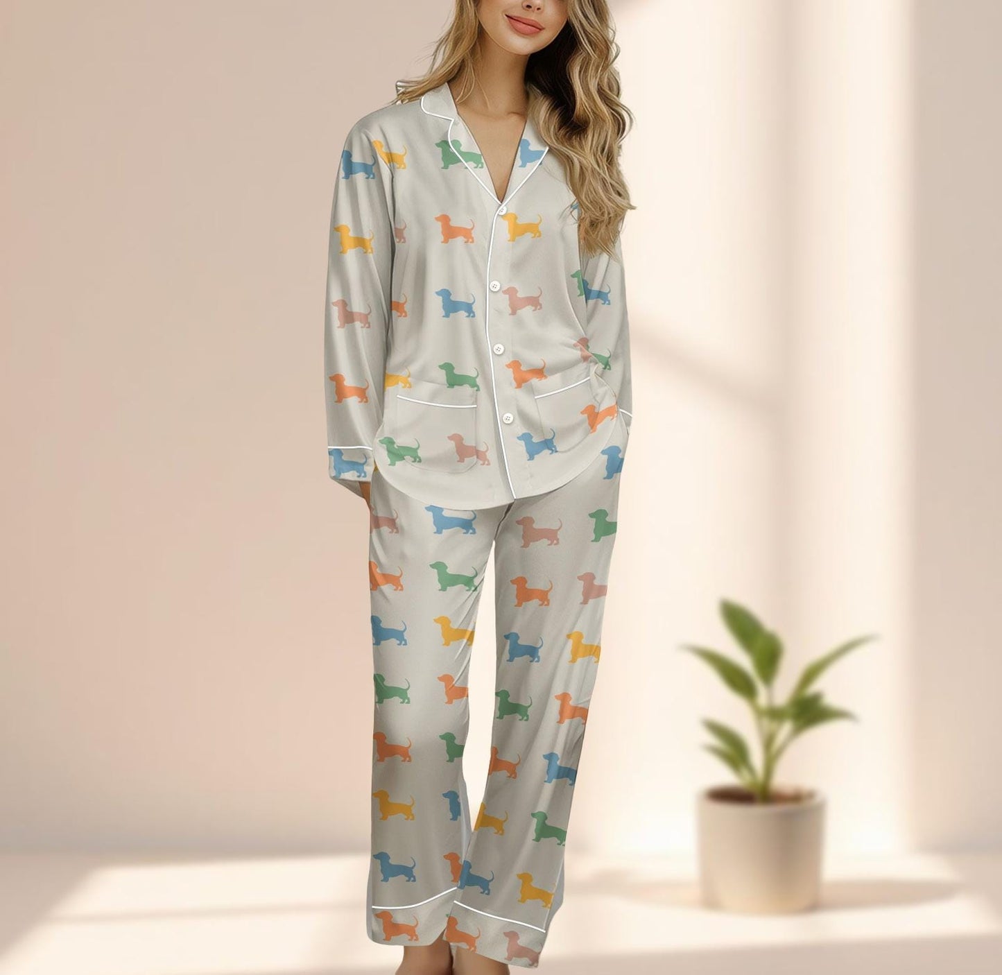 Dachshund Silhouette Satin Pajama Set, Cute Dog Lover Sleepwear, Long Pants Pjs, Wiener Dog Matching Pj Set, Cozy Loungewear Gift