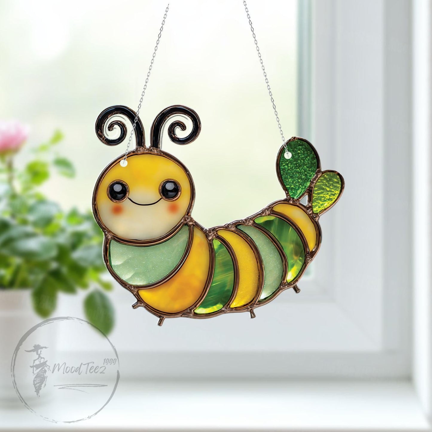 Faux Stained Glass Caterpillar Window Hanging - Cute Acrylic Bug Sun Catcher for Kids Room, Garden or Nature Gift Nursery Decor