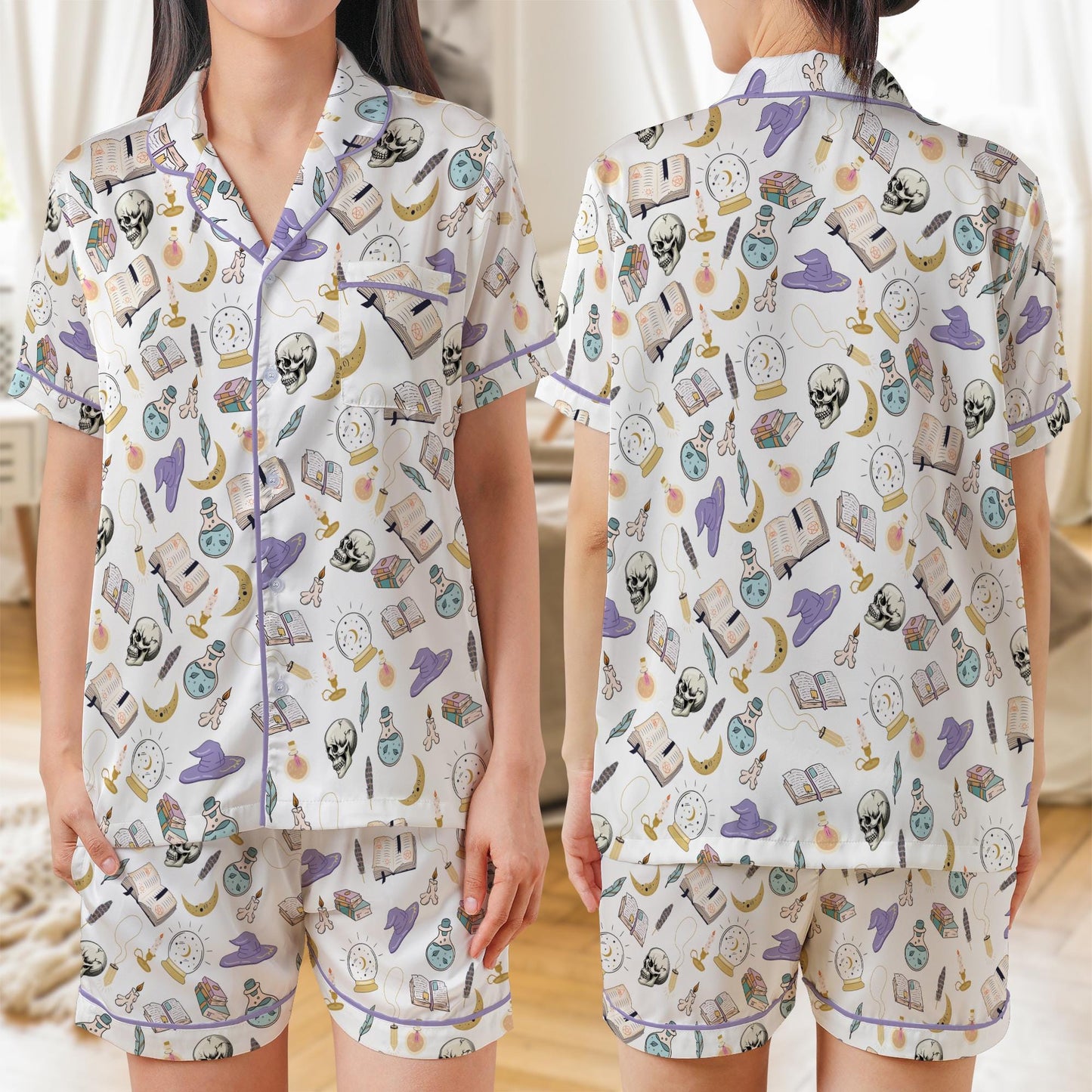 Fantasy Reader Satin Pajama Set, Book Lover Sleepwear, Enemies to Lovers Pajama Set, Bookish Pajamas, Short Sleeve or Long Sleeve Pajama Set