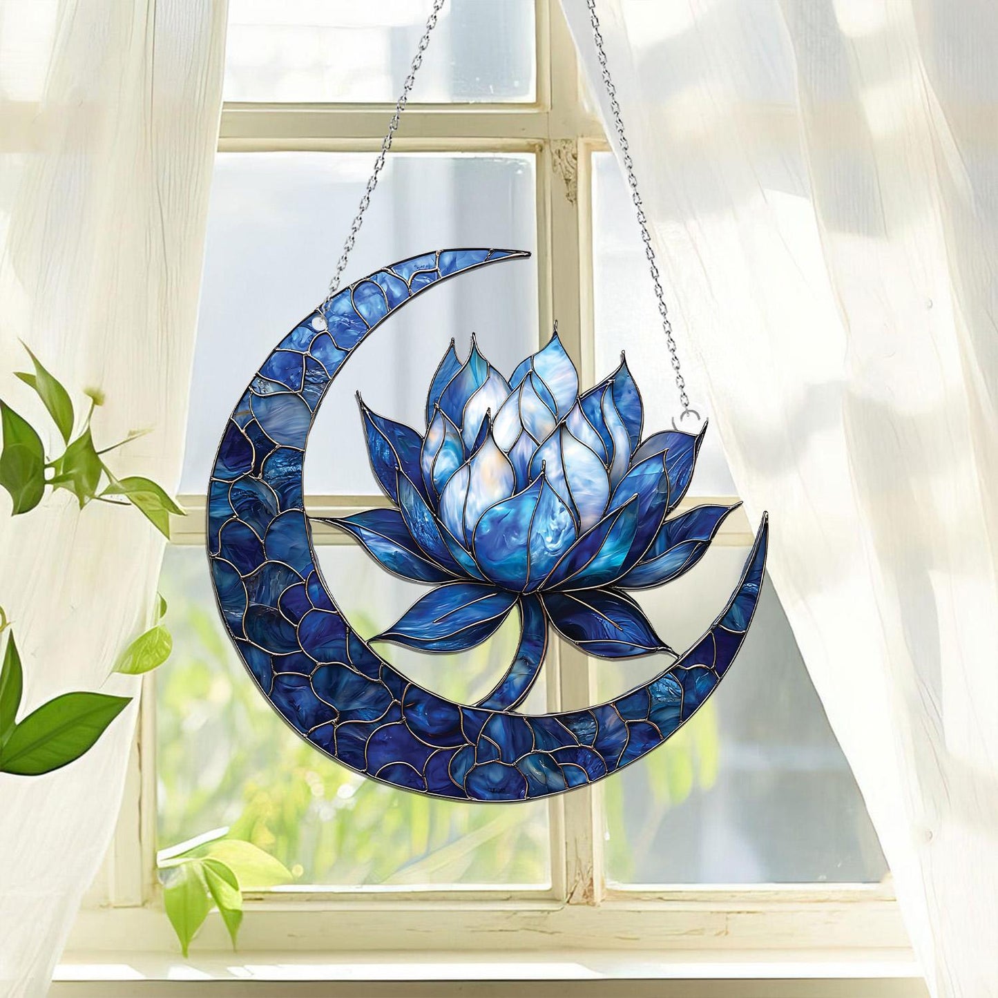 Blue Lotus Moon Acrylic Window Hanging, Meditation Room Decor or Mindful Gift, Lotus Flowers Ornament, Birthday gift, Gift for Garden Lovers