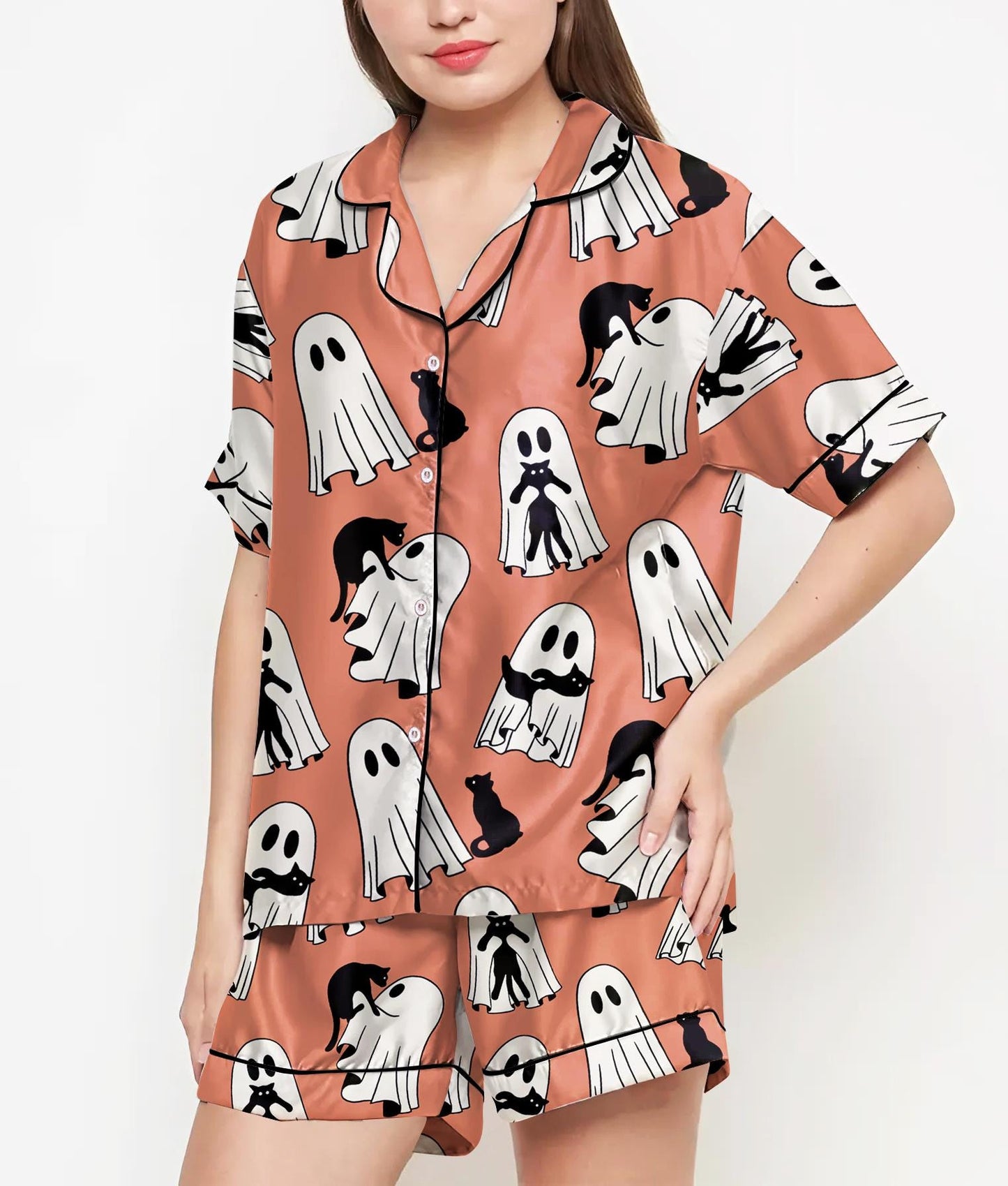 Halloween Gifts, Halloween Shirt, Pajamas Satin Set, Ghost Shirt, Ghost Shirt Design, Gift For Women, Halloween Coquette Png, Spooky Season