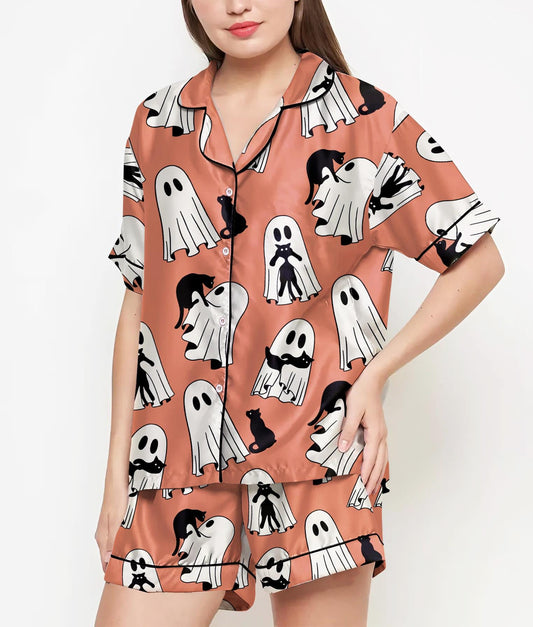 Halloween Gifts, Halloween Shirt, Pajamas Satin Set, Ghost Shirt, Ghost Shirt Design, Gift For Women, Halloween Coquette Png, Spooky Season