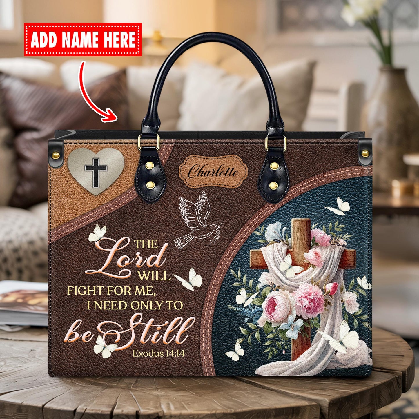 Personalized Christian Tote Bag, Custom Name Scripture Handbag, Exodus 14:14 Faux Leather Satchel, Religious Gift for Mom, Faith Bag