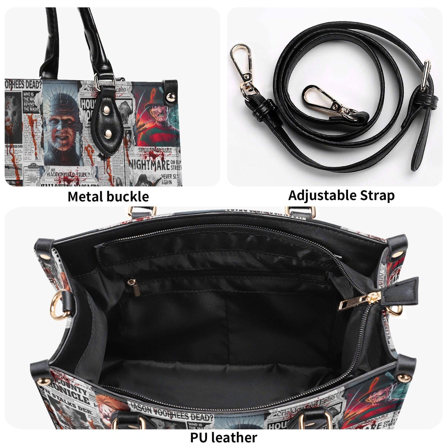 The Horror Gazette, Waterproof Vegan Leather Handbag, Top Handle, High-quality Crossbody Bag, Shoulder bag, Tote Bag, Scary movie lovers