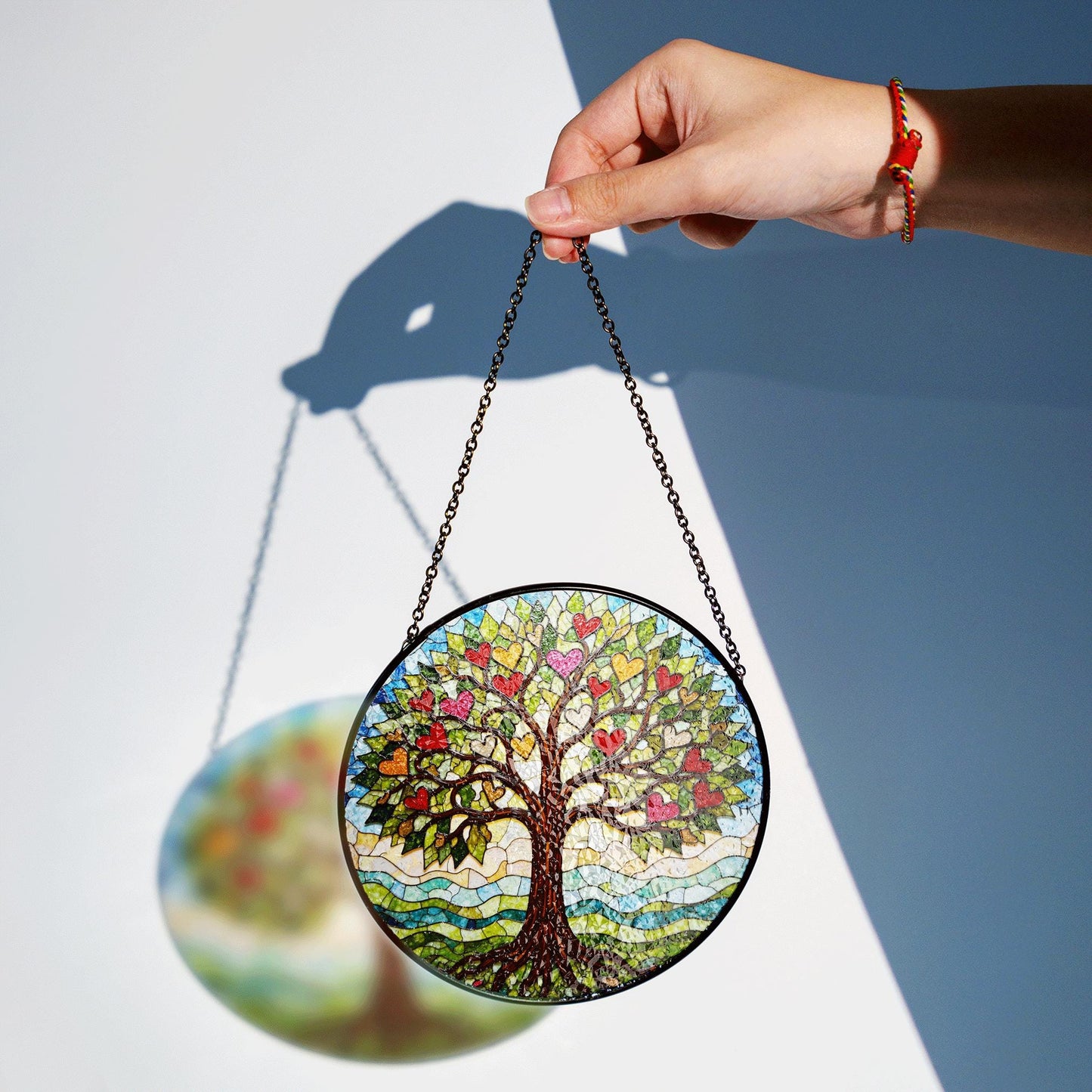 Tree of hearts stained glass round suncatcher window hanging gift for mom or loved ones