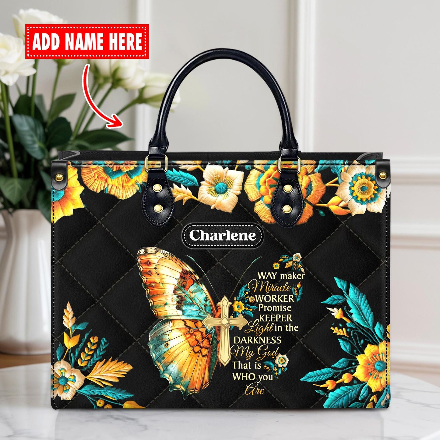 Way Maker Miracle Worker Tote, Personalized Christian Bag with Name, Faux Leather Butterfly Cross Purse, Religious Gift for Her