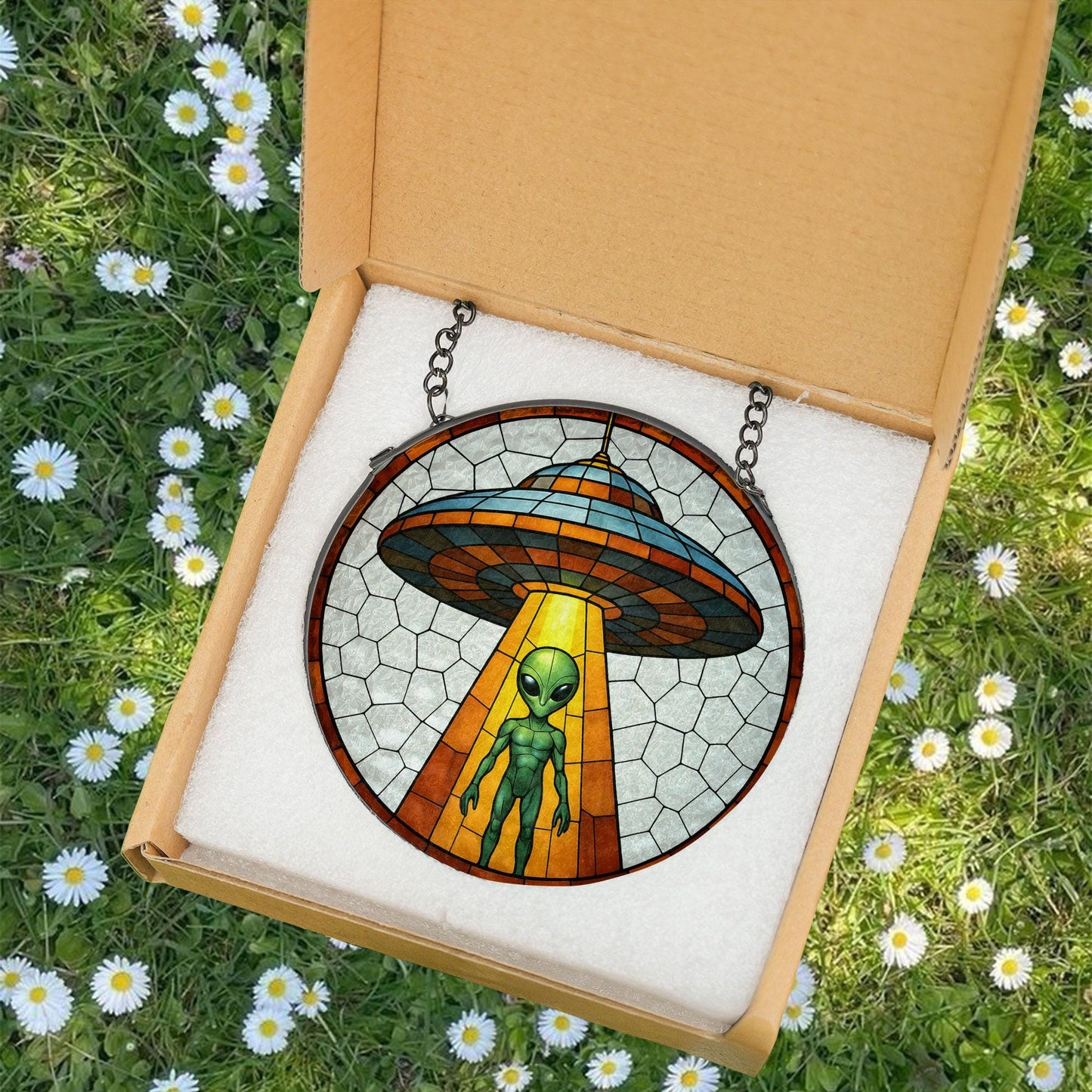 Alien UFO Abduction Stained Glass Suncatcher, UFO Wall Art, Cryptid Hanging Home Decoration, Alien Cryptozoology Decor, Spaceship Decor