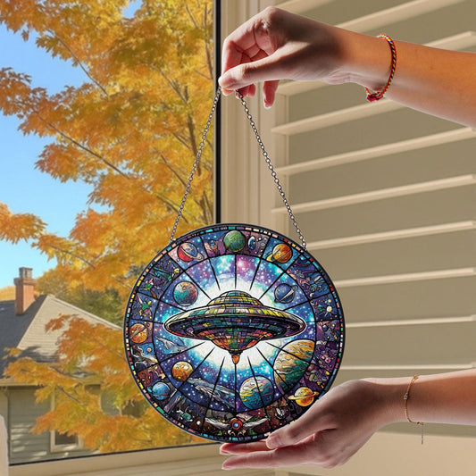 Cosmic UFO Stained Glass Suncatcher, Colorful Alien & Galaxy Decor for Sci-Fi Lovers, Gift for Space Enthusiast Moms, Aliens Lovers Gifts