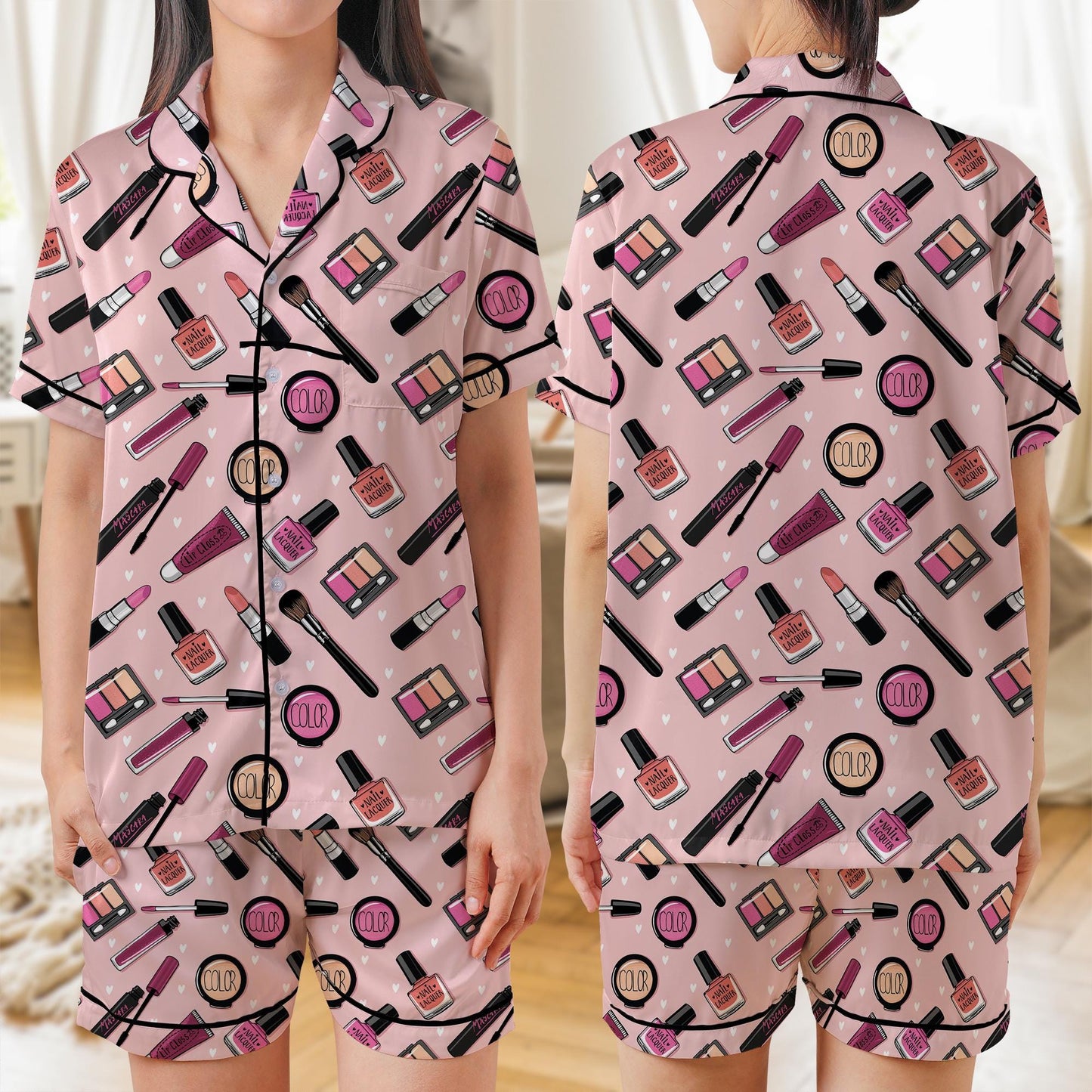 Cosmetics Seamless AOP Satin Short-Sleeve Pajamas Set, Beauty Lover Sleepwear, Cute Makeup Pajamas Set, Soft Loungewear Gift for Her