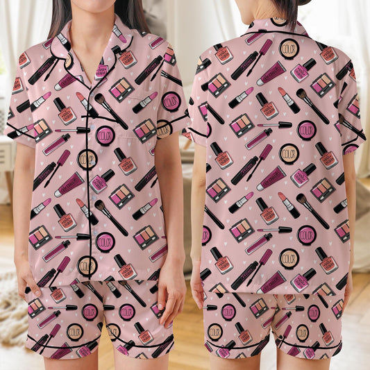 Cosmetics Seamless AOP Satin Short-Sleeve Pajamas Set, Beauty Lover Sleepwear, Cute Makeup Pajamas Set, Soft Loungewear Gift for Her