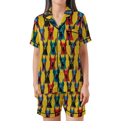 Doberman Dog Pajama Set Short Sleeves, Doberman Dog Lover Gift Woman's Satin Pajama Short Sleeve
