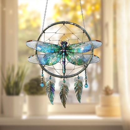 Dragonfly Dreamcatcher Window Hanging – Whimsical Boho Decor with Feathers for Peaceful, Nature-Inspired Living Spaces