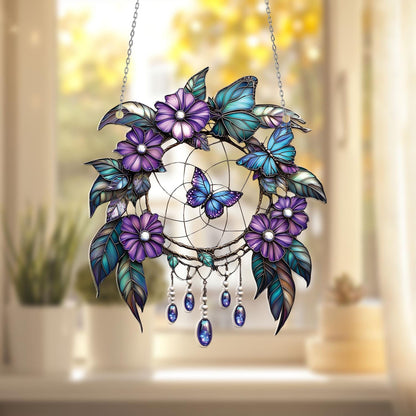 Butterfly Dreamcatcher Window Hanging – Enchanting Purple Floral Decor for Boho Spaces, Bedroom Charm, or Whimsical Gift Idea