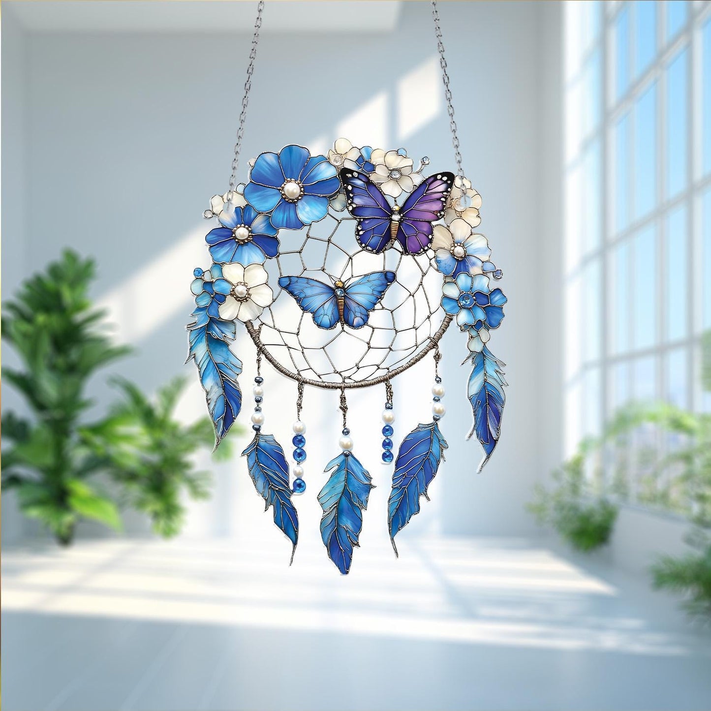 Blue Butterfly Dreamcatcher Window Hanging – Whimsical Floral Decor with Feathers for Boho Homes, Spiritual Corners, or Gift Ideas