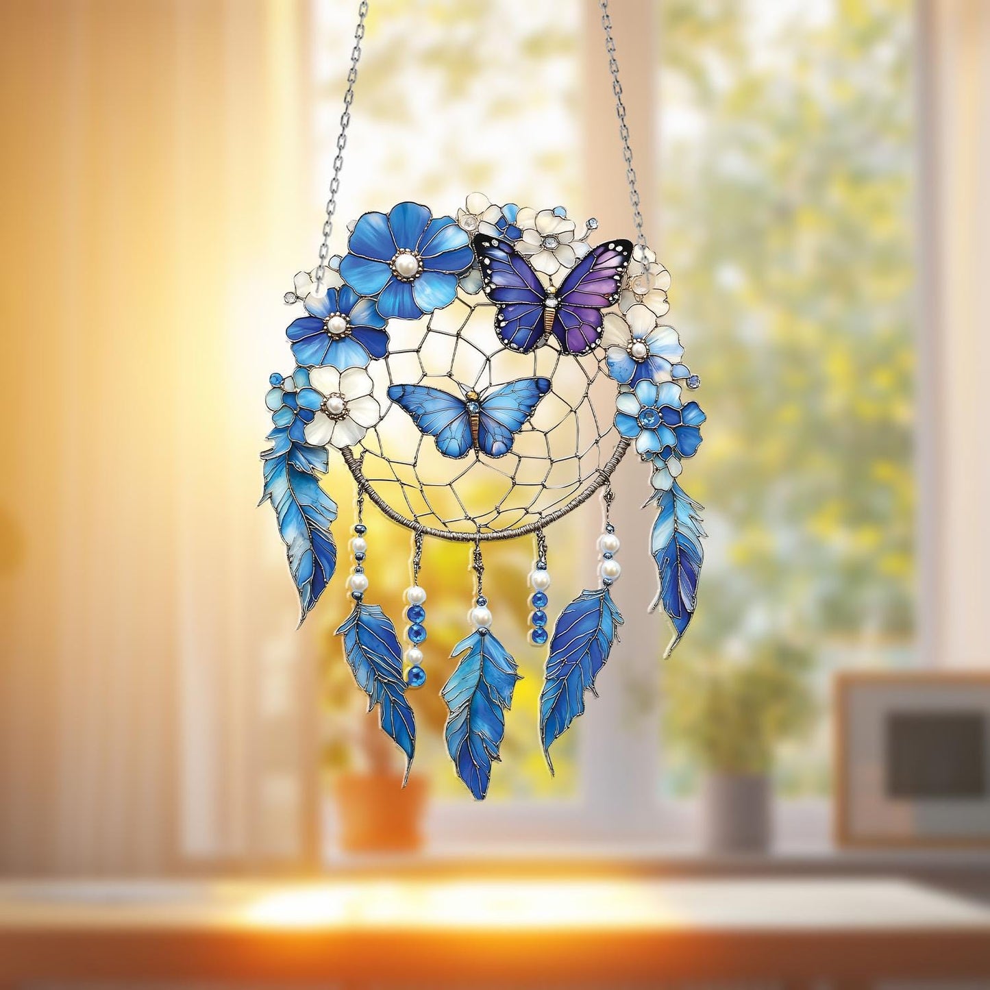 Blue Butterfly Dreamcatcher Window Hanging – Whimsical Floral Decor with Feathers for Boho Homes, Spiritual Corners, or Gift Ideas