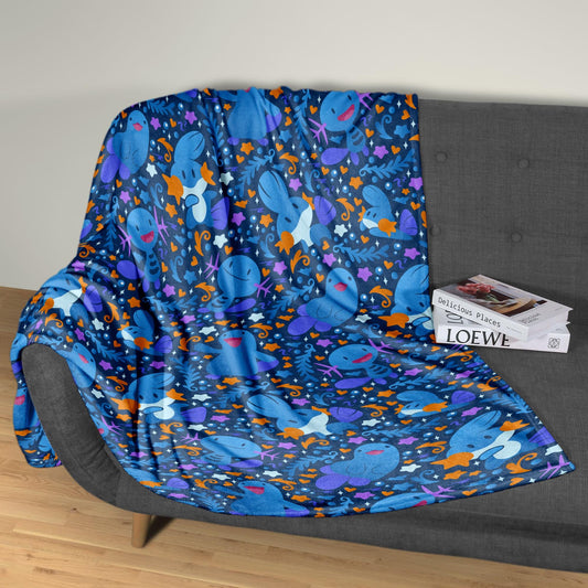 Wooper and Quagsire Blanket, Fleece Cotton Throw Blanket, Cozy Blue Bed Sofa Decor, Kawaii Axolotl Style Blanket, Wooper Blanket Gifts