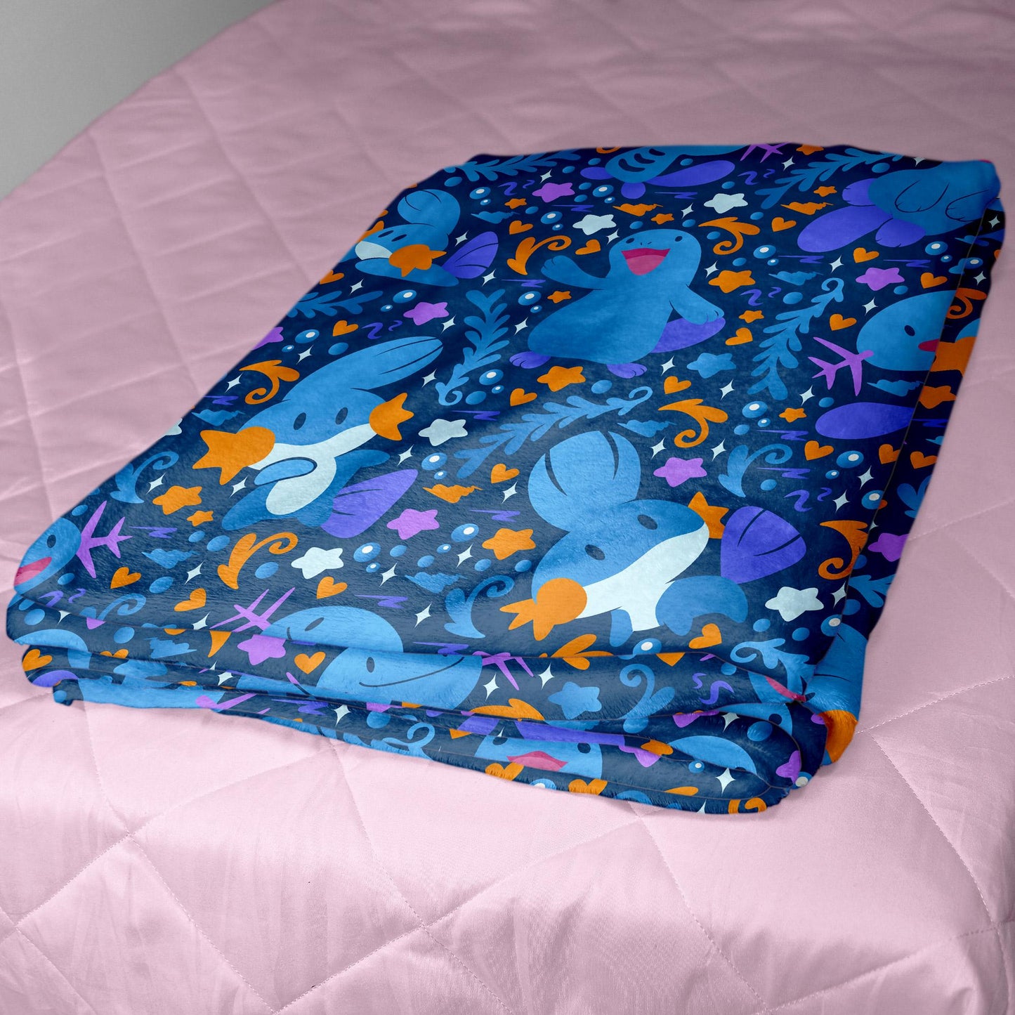Wooper and Quagsire Blanket, Fleece Cotton Throw Blanket, Cozy Blue Bed Sofa Decor, Kawaii Axolotl Style Blanket, Wooper Blanket Gifts