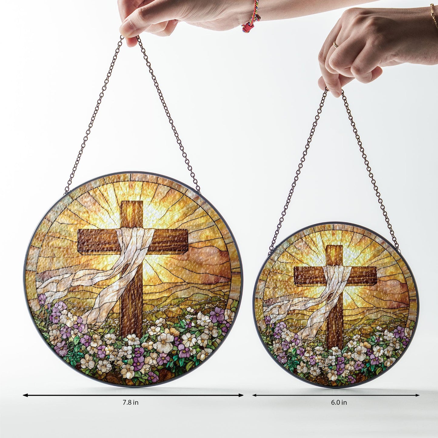 Stained Glass Cross And Wildflowers Suncatcher, Christian Glass Suncatcher, Flower Cross Gift For Religious Easter Faith Cross Home Decor