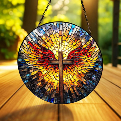 Cross Glass Suncatcher, Catholic Stained Glass Decor, Religious Gift, Gift for Grandma, Christian Glass Suncatcher, Faith Cross Home Decor