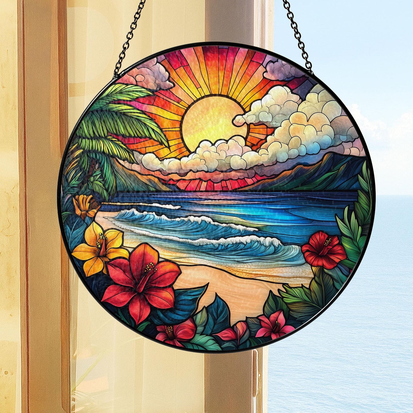 Sunrise On The Beach Stained Glass Suncatcher, Beach Suncatcher, Ocean Sunset Glass Suncatcher, Palm Tree Hibiscus Summer Decor,Coastal Gift
