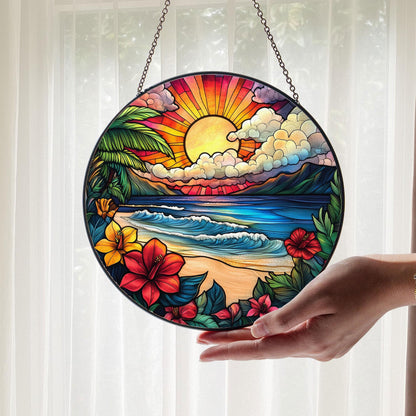 Sunrise On The Beach Stained Glass Suncatcher, Beach Suncatcher, Ocean Sunset Glass Suncatcher, Palm Tree Hibiscus Summer Decor,Coastal Gift