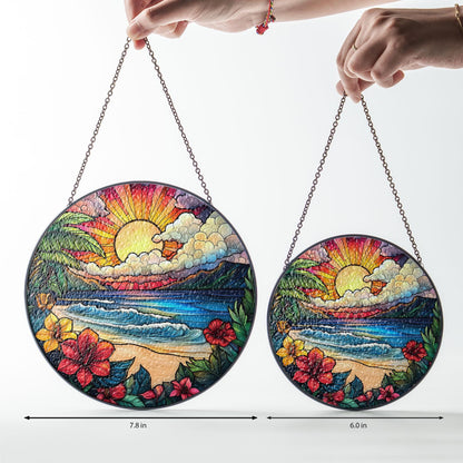 Sunrise On The Beach Stained Glass Suncatcher, Beach Suncatcher, Ocean Sunset Glass Suncatcher, Palm Tree Hibiscus Summer Decor,Coastal Gift