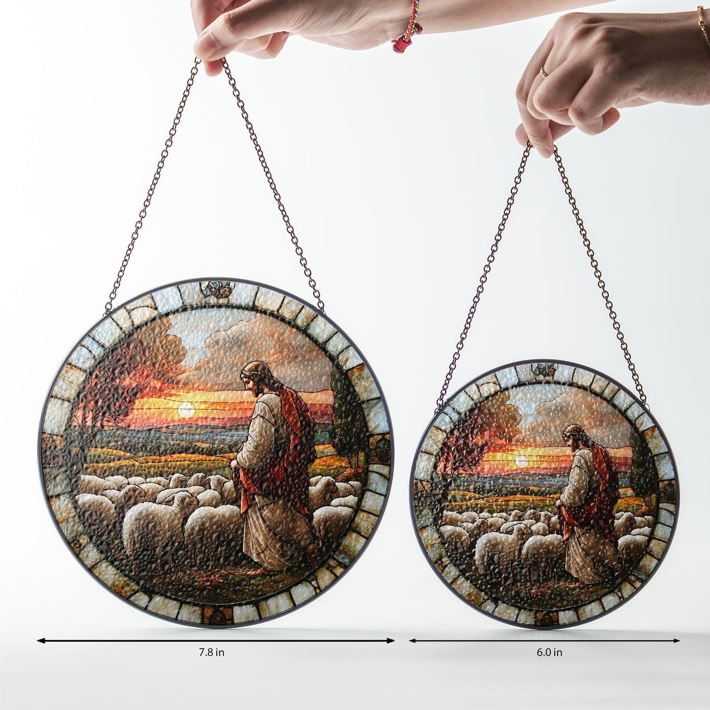 Jesus Stained Glass SunCatcher, Memorial Gift, Jesus With Lamb Landscape Glass Hanging, Jesus Suncatcher Hanging, Jesus Christ Decoration